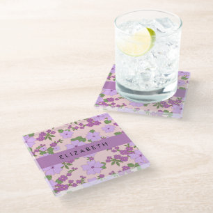Dessous-de-verre En Verre Fleurs Violettes, Motif De Fleurs, Votre Nom