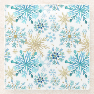Dessous-de-verre En Verre Flocon de neige d'hiver à paillettes bleues et dor