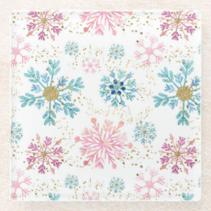 Dessous-de-verre En Verre Flocons de neige hivernaux rose, bleu et or à l'aq