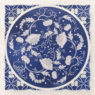Dessous-de-verre En Verre Floral chinois rond : Aquarelle bleue Vintage
