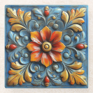 Dessous-de-verre En Verre Floral espagnol mexicain Orange et bleu