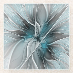 Dessous-de-verre En Verre Floral Fractal Moderne Fleur Abstrait gris bleu