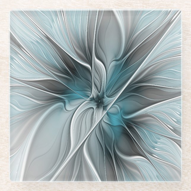 Dessous-de-verre En Verre Floral Fractal Moderne Fleur Abstrait gris bleu (Devant)