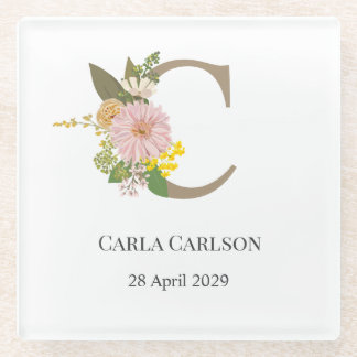 Dessous-de-verre En Verre Floral Monogram Letter C Custom Name and Date 