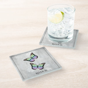Dessous-de-verre En Verre Floral papillon arc-en-ciel personnalisé