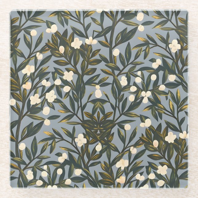 Dessous-de-verre En Verre Floral pattern on  dusty blue-gray background (Devant)