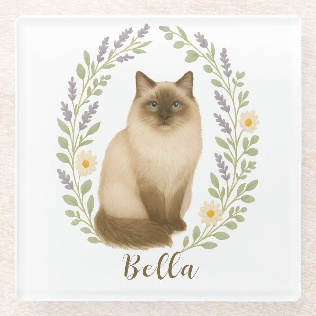 Dessous-de-verre En Verre Floral Ragdoll Cat Frame Personalized Name (Devant)