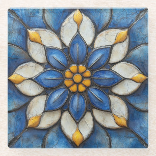 Dessous-de-verre En Verre Flore Azulejo bleu blanc et jaune