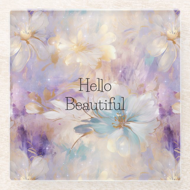 Dessous-de-verre En Verre Flore bleu violet d'or blanc (Devant)