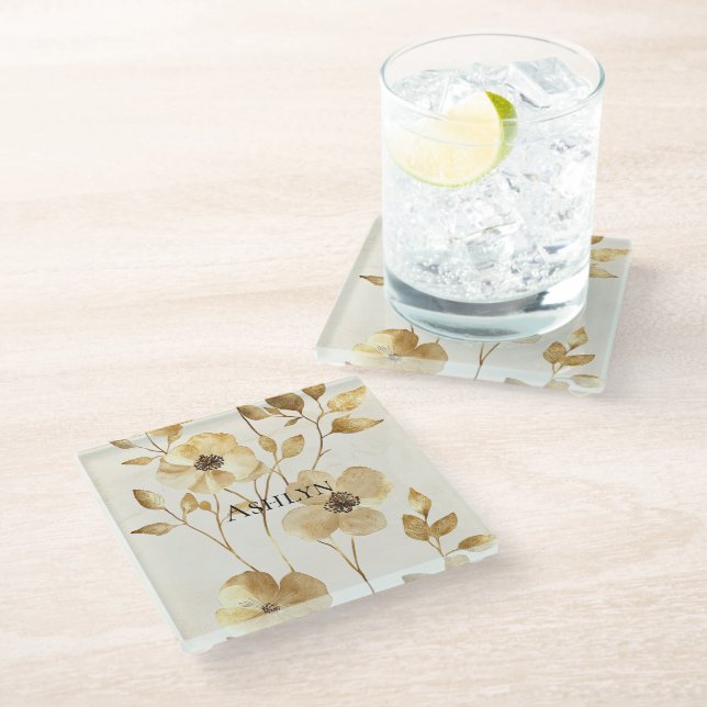 Dessous-de-verre En Verre Flore crème or (Incliné)