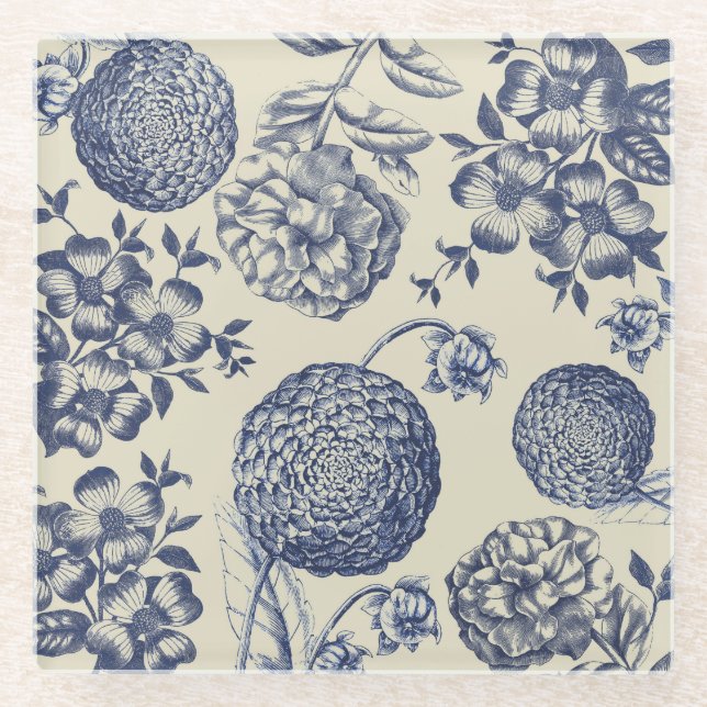 Dessous-de-verre En Verre Flore d'impression florale de fleurs bleues antiqu (Devant)