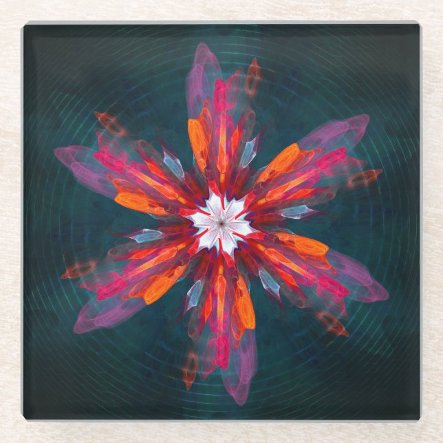 Dessous-de-verre En Verre Flore Mandala Flowers Orange Red Blue Abstract (Devant)