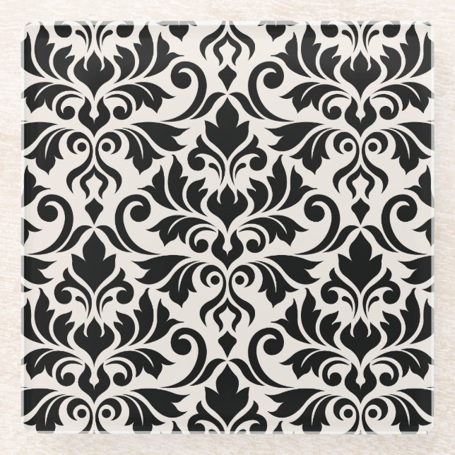 Dessous-de-verre En Verre Flourish Damask Lg Pattern Black on Cream (Devant)