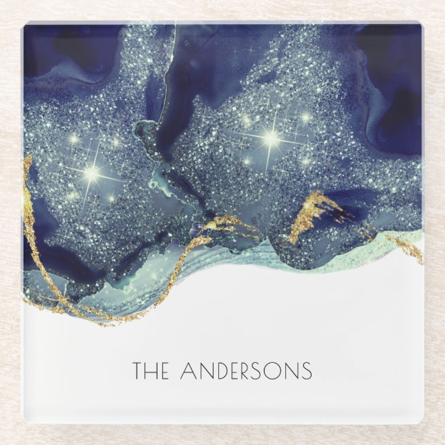 Dessous-de-verre En Verre Fluide Abstrait d'alcool Encre or Parties scintill (Devant)