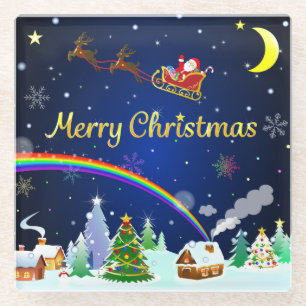 Dessous-de-verre En Verre Flying Santa Claus with Crescent Moon