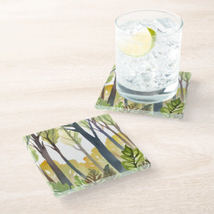 Dessous-de-verre En Verre Forêt à l'aquarelle   Peinture de forêt de nature 