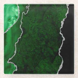 Dessous-de-verre En Verre Forêt Glamouruse Vert Marbre Chic Paillettes Argen