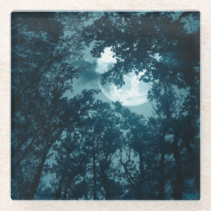 Dessous-de-verre En Verre Forêt nocturne enchanteresse avec Pleine lune