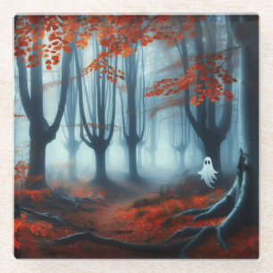 Dessous-de-verre En Verre Forêts éffrayantes d'automne avec un fantôme