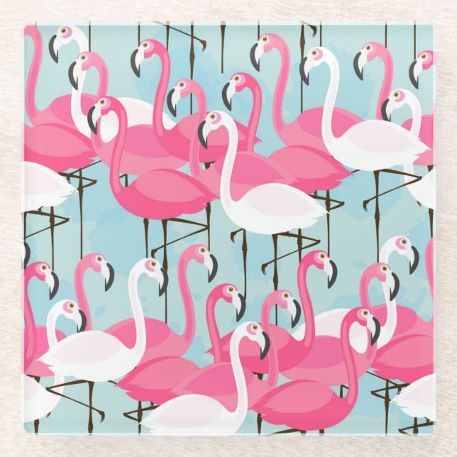 Dessous-de-verre En Verre Foule rose et blanche des Flamants roses (Devant)