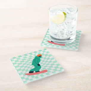 Dessous-de-verre En Verre Freeride Snowboardeur En Costume Vert À damiers