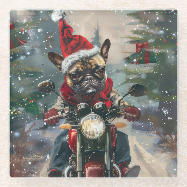 Dessous-de-verre En Verre French Bulldog Riding Moto Noël (Devant)