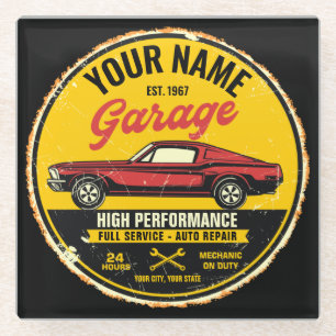 Dessous-de-verre En Verre Garage de voiture classique rouge rapide 1967 pers