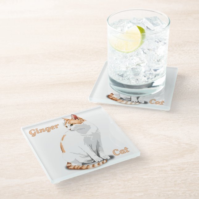 Dessous-de-verre En Verre Gingembre orange et chat blanc Personnalisé (Incliné)