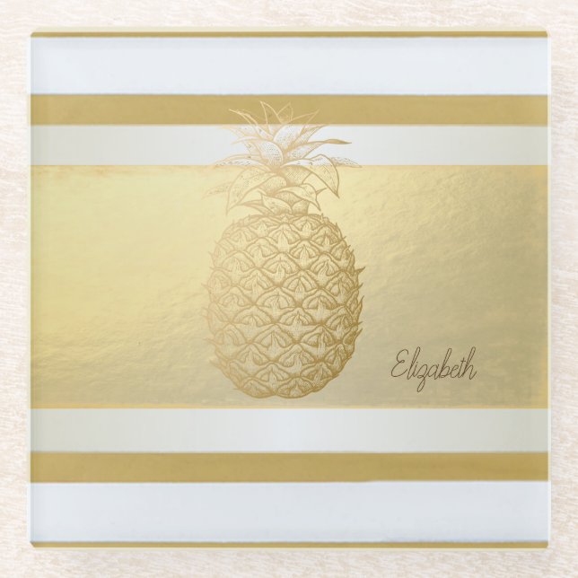 Dessous-de-verre En Verre Girly Modern Gold Stripes, Or Ananas (Devant)
