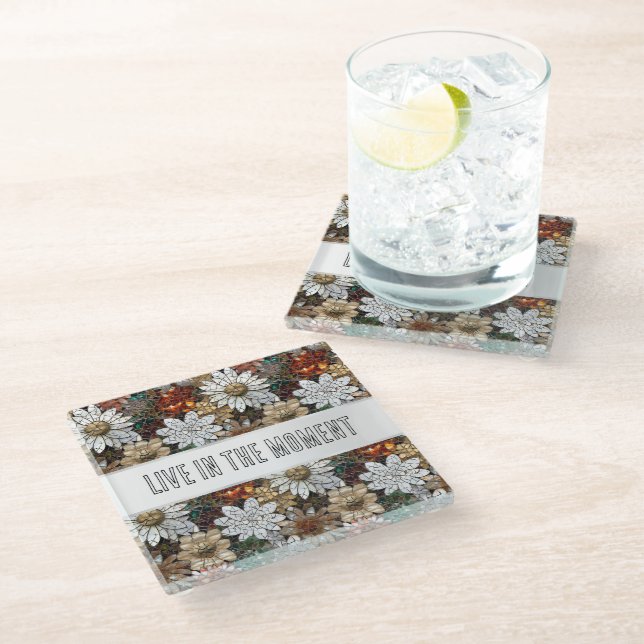 Dessous-de-verre En Verre Glam Champagne Or Rouge Fleurs blanches (Incliné)