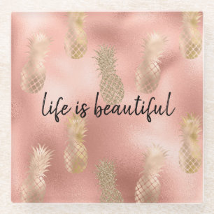 Dessous-de-verre En Verre Glam Pink Gold Ananas