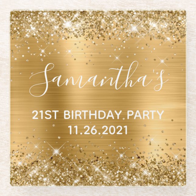 Dessous-de-verre En Verre Glittery Gold Foil 21e fête d'anniversaire (Devant)