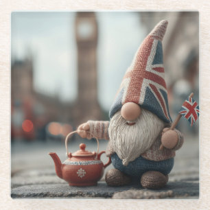 Dessous-de-verre En Verre Gnome britannique avec Casquette Union Jack et thé