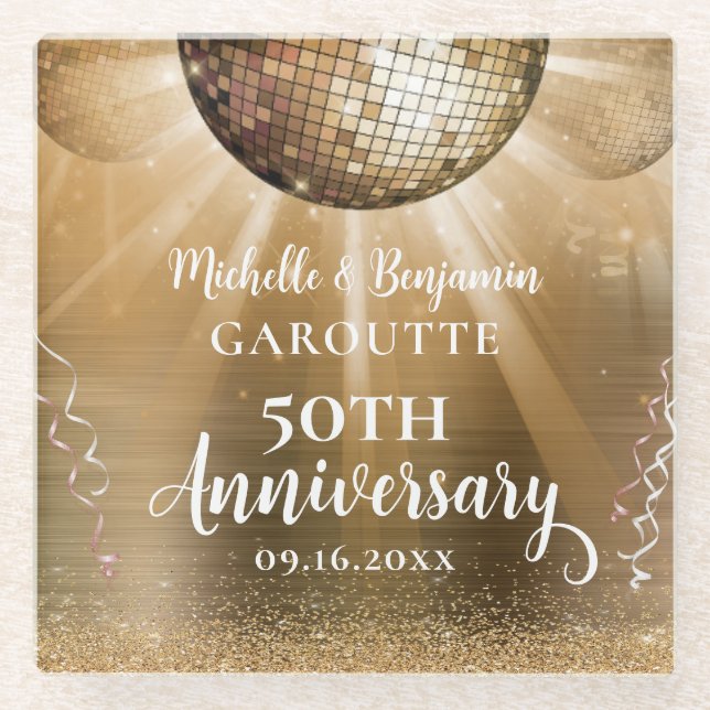 Dessous-de-verre En Verre Gold Glam Disco Ball 50e anniversaire Mariage (Devant)