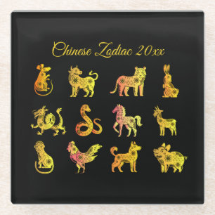 Dessous-de-verre En Verre Gold Gradient chinois Zodiac Animal Noir