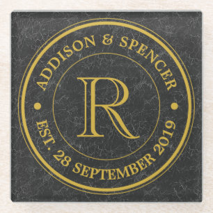 Dessous-de-verre En Verre Gold Monogram Black Leather Wedding Anniversary