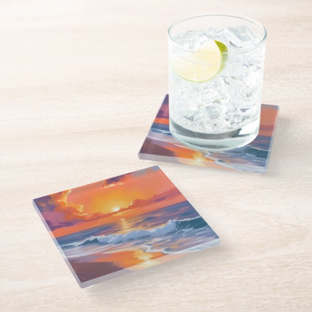 Dessous-de-verre En Verre Golden Hour Orange Sunset Beach Ocean Peinture Art (Incliné)
