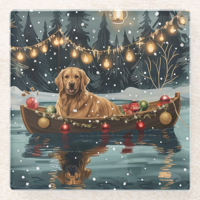 Dessous-de-verre En Verre Golden Retriever Noël Festive Voyage (Devant)