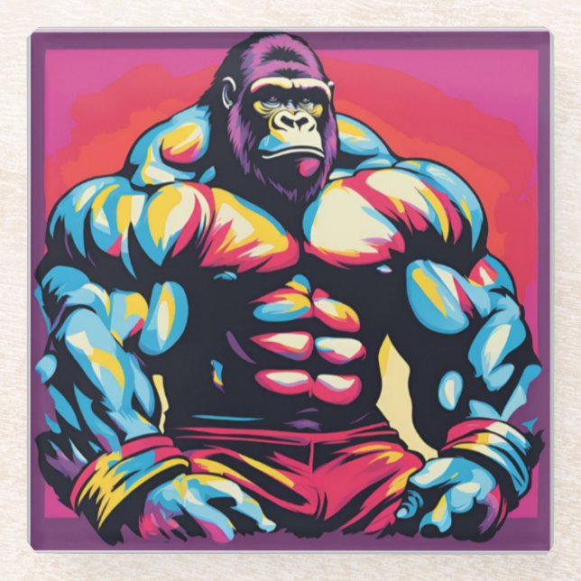 Dessous-de-verre En Verre Gorilla Bodybuilder Lifter Pop Art Dessin (Devant)