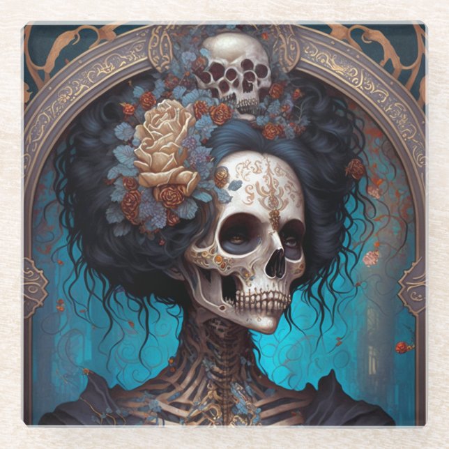 Dessous-de-verre En Verre Goth Skeleton Skull Woman Gothique (Devant)