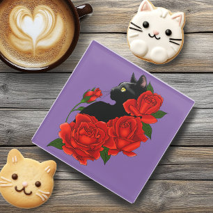 Dessous-de-verre En Verre Gothique Chat Noir Roses Rouges Violet