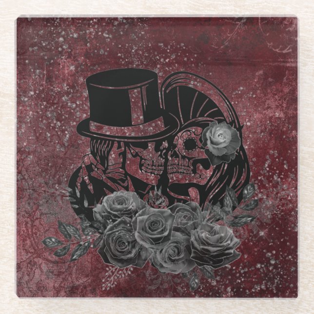 Dessous-de-verre En Verre Gothique Kissing Skulls Couple Et Sang Rouge Étern (Devant)