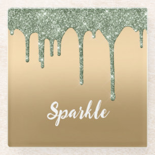 Dessous-de-verre En Verre Gouttes de paillettes vertes bronze doré