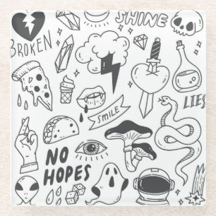Dessous-de-verre En Verre Graffiti mignon : Doodle Art Set.