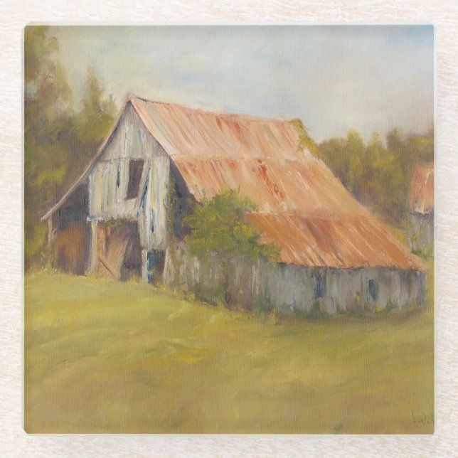 Dessous-de-verre En Verre Grange de toit de bidon (Devant)