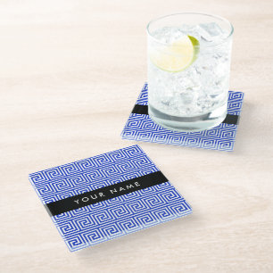 Dessous-de-verre En Verre Grec Meander Key Blue, Votre Nom, Personnaliser