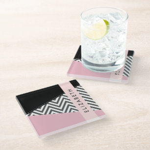 Dessous-de-verre En Verre Grey Zigzag, Grey Chevron, Rose, Votre Nom