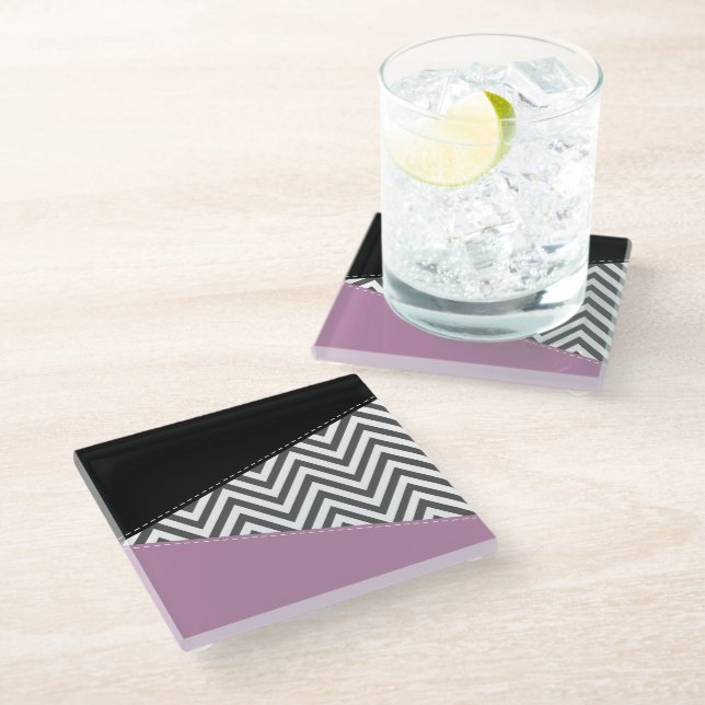 Dessous-de-verre En Verre Gris Zigzag, Gris Chevron, Motif Zigzag, Violet (Incliné)