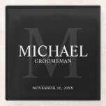 Dessous-de-verre En Verre Groomsmen noir personnalisé<br><div class="desc">Ajoutez une touche personnelle à votre mariage grâce au dessous de verre en verre personnalisé des groomsmen. Ce dessous de verre présente le nom personnalisé du marionnettiste avec titre et date mariage en blanc et monogramme en gris comme arrière - plan, dans le style de police serif classique, sur arrière...</div>