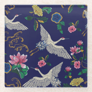 Dessous-de-verre En Verre Grues brodées et fleurs, vintage transparent p